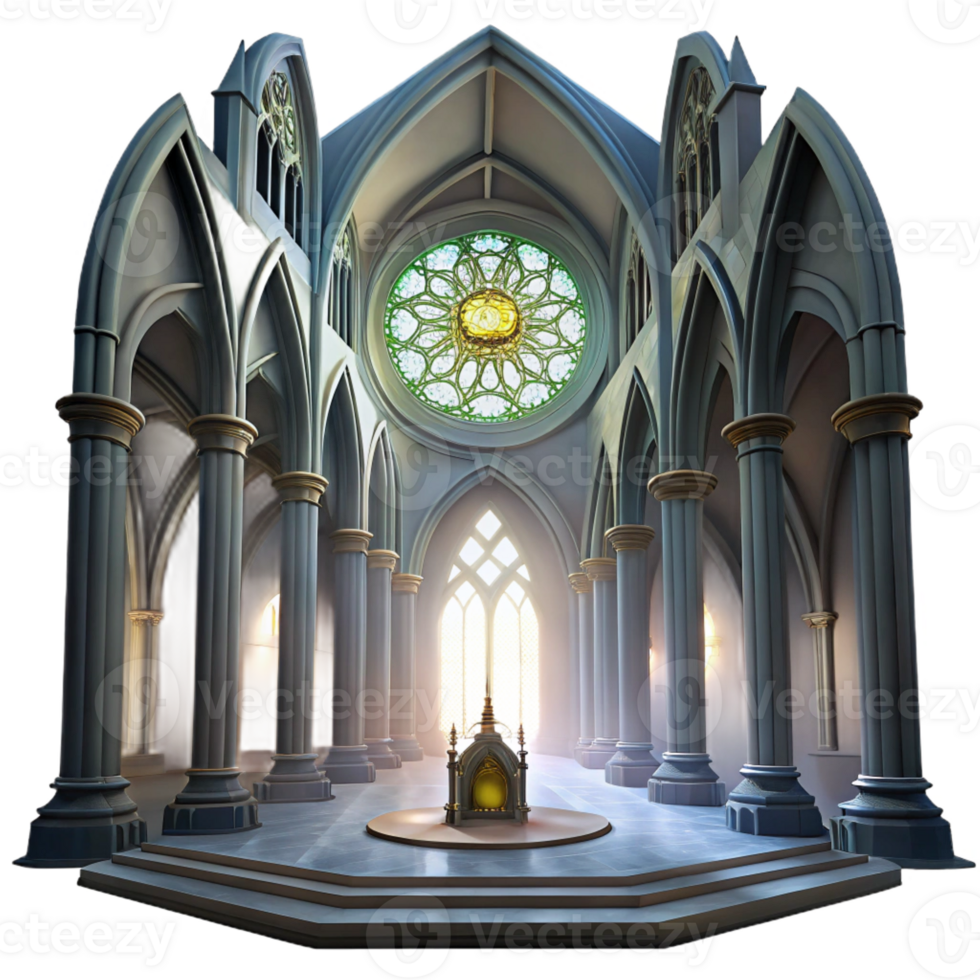 stunning creative Gothic cathedral interior, stained glass rose window, shafts of light, volumetric fog, ethereal, Greg Rutkowski, Alphonse Mucha, Art Nouveau, 8k, high detail, high resolution png