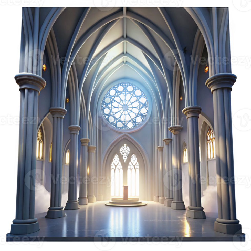 magnificent artistic Gothic cathedral interior, stained glass rose window, shafts of light, volumetric fog, ethereal, Greg Rutkowski, Alphonse Mucha, Art Nouveau, 8k, high detail, high resolution png