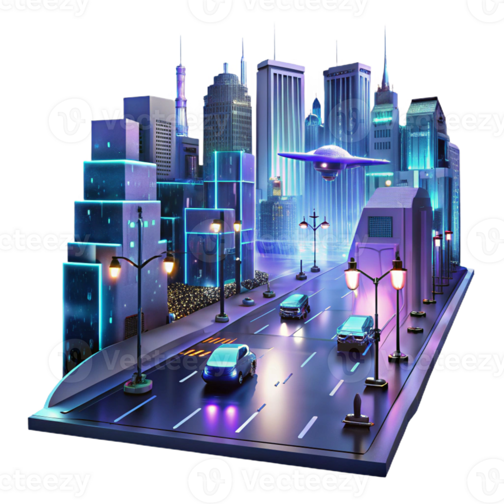 vibrant minimalist Futuristic city street, flying vehicles, neon signs, cyberpunk style, night scene, rain, reflections, Syd Mead, 8k, high detail, 4K png