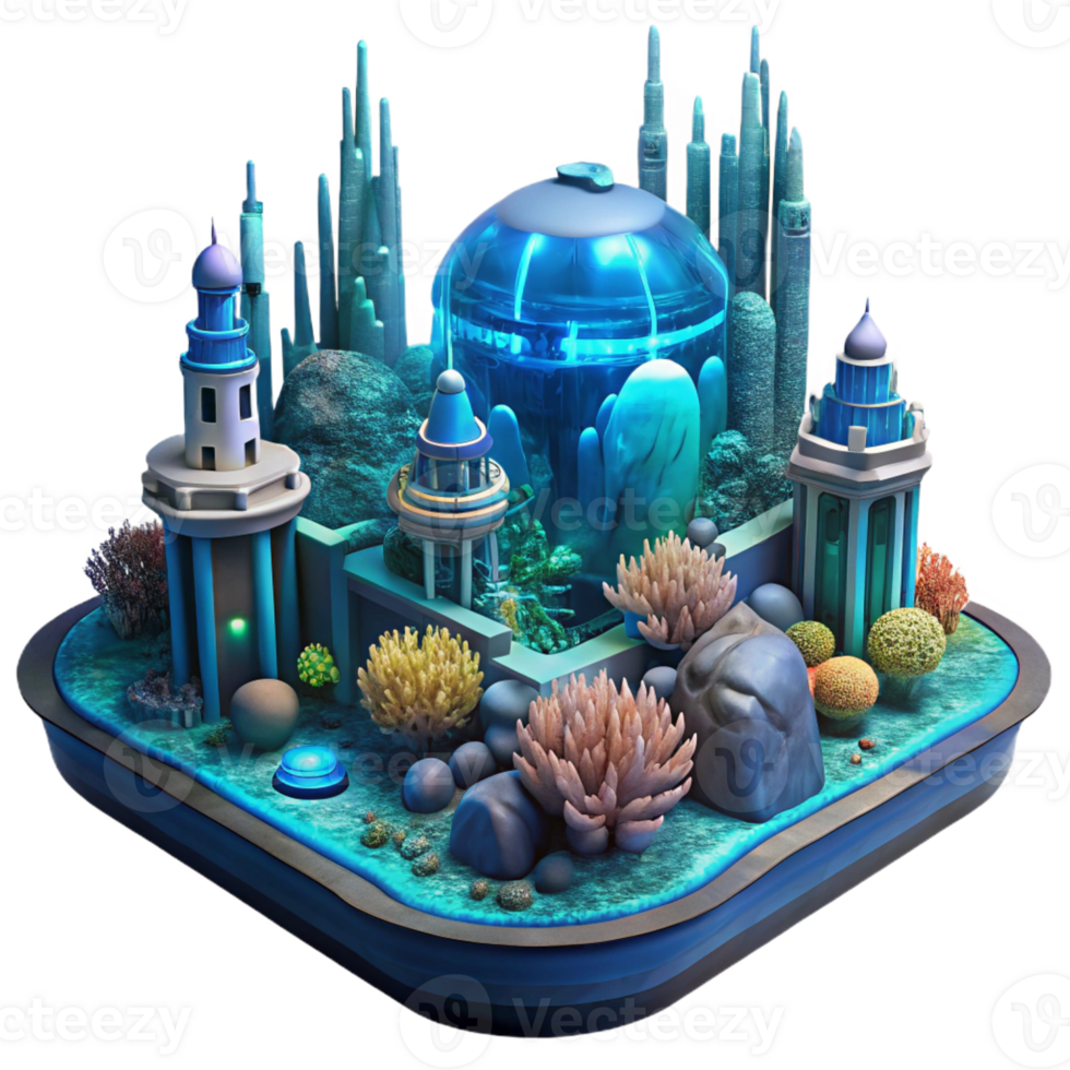 wonderful classic Underwater city, bioluminescent coral, futuristic architecture, deep sea environment, dark and mysterious, 8k, high detail, professional png