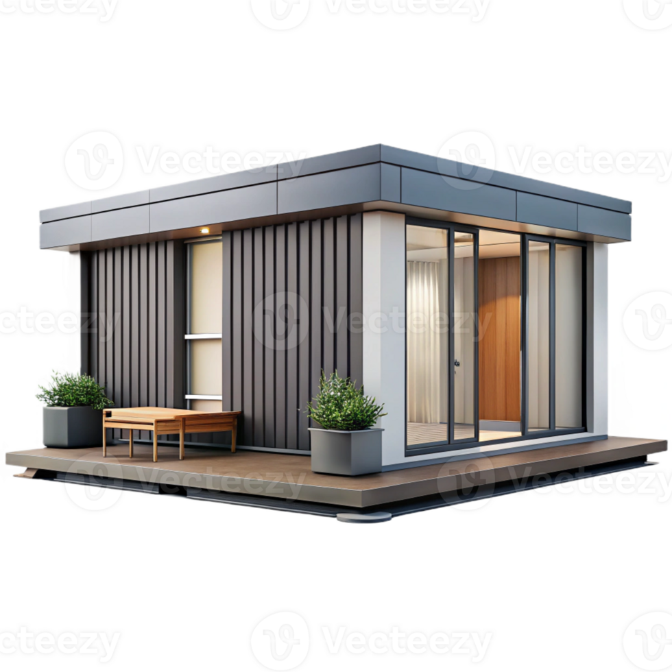 beautiful rustic Prefabricated modular home, sleek design, minimalist interior, urban setting, 8k, high detail, genuine png