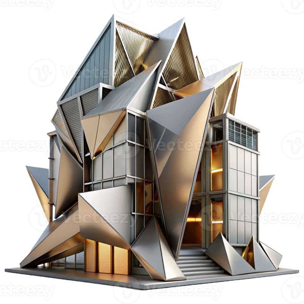 wonderful artistic Deconstructivist building, fragmented forms, sharp angles, metallic cladding, dramatic lighting, 8k, high detail, authentic png