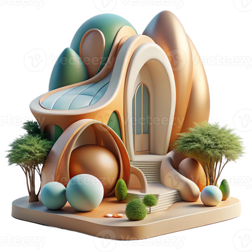 wonderful classic Organic architecture, flowing shapes, natural materials, integrated with landscape, soft natural light, 8k, high detail, exclusive png