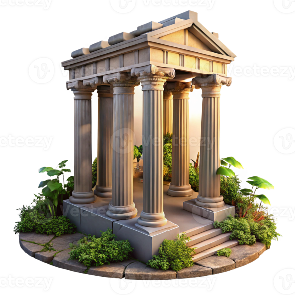 beautiful artistic Greek temple ruins, weathered marble columns, overgrown with vegetation, dramatic sunset lighting, 8k, high detail, premium png