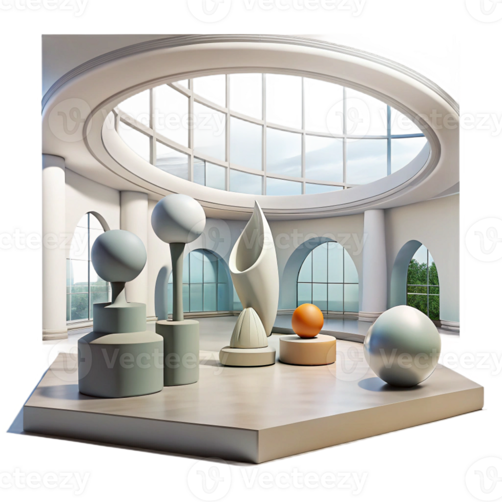 serene traditional Modern art museum, minimalist design, large open spaces, natural light, abstract sculptures, 8k, high detail, premium png