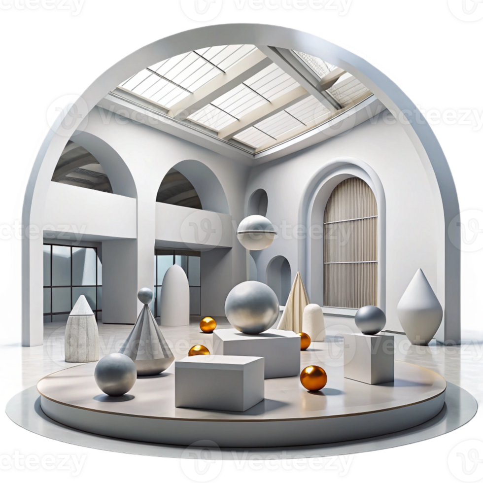 vibrant traditional Modern art museum, minimalist design, large open spaces, natural light, abstract sculptures, 8k, high detail, premium png