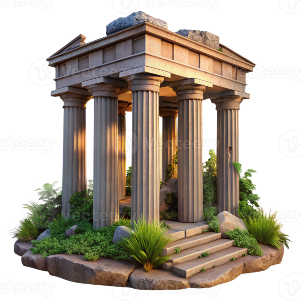 wonderful artistic Greek temple ruins, weathered marble columns, overgrown with vegetation, dramatic sunset lighting, 8k, high detail, authentic png