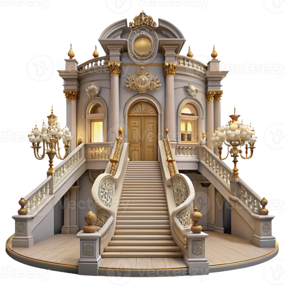 stunning contemporary Baroque palace, ornate facade, grand staircase, opulent interior, chandelier lighting, 8k, high detail, original png