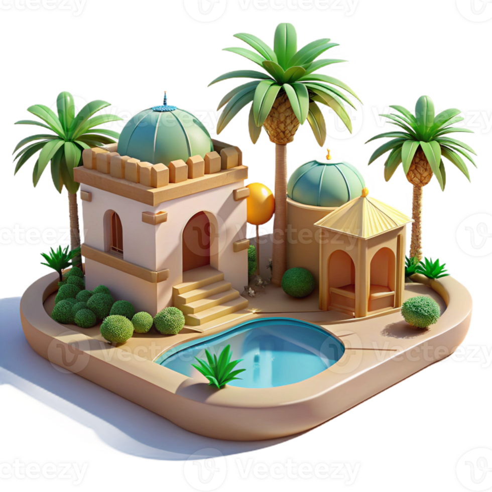 extraordinary minimalist Desert oasis, traditional architecture, palm trees, swimming pool, bright sunlight, 8k, high detail, professional png