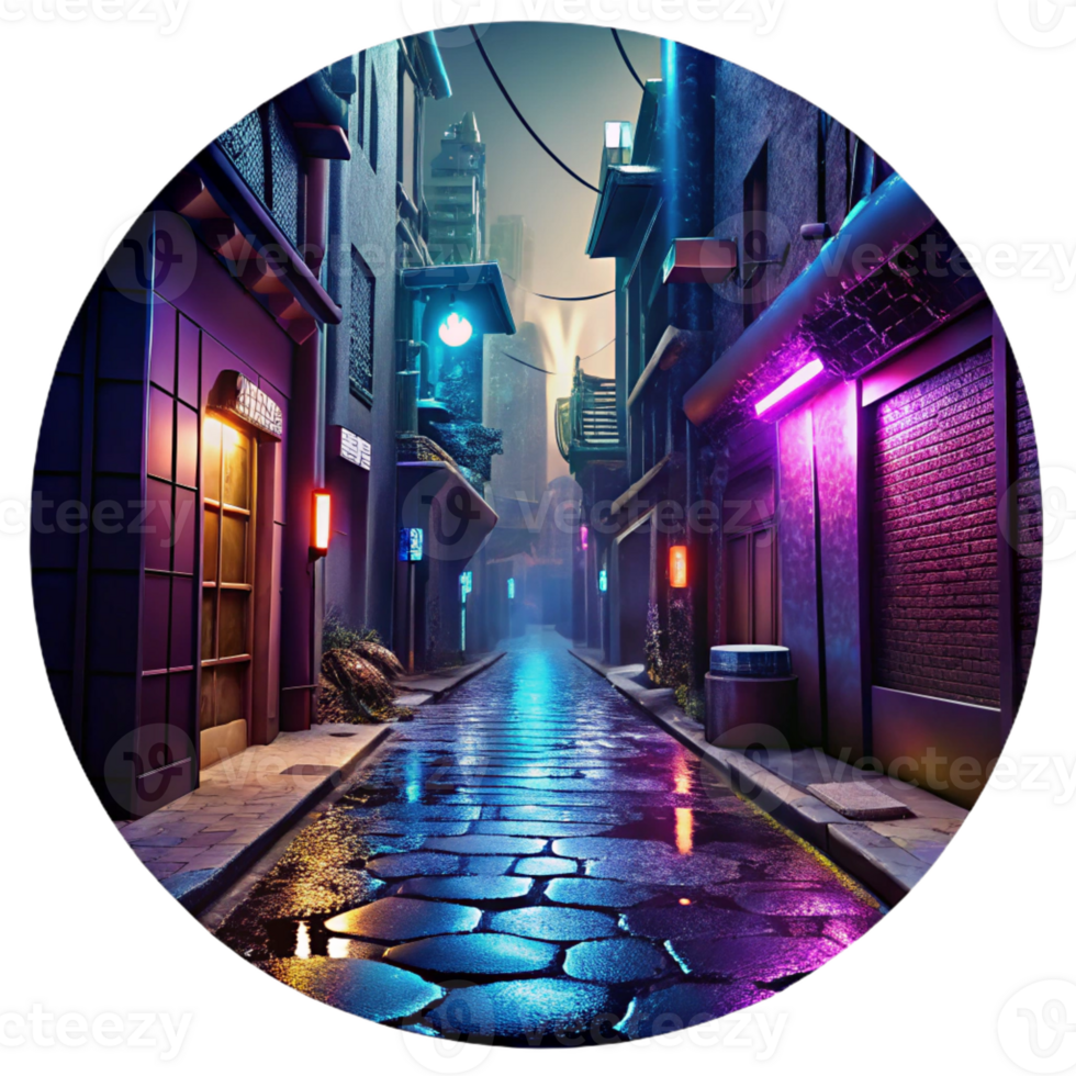 elegant rustic Cyberpunk alleyway, neon signs, graffiti, holographic projections, rainy night, gritty and atmospheric, 8k, high detail, detailed png