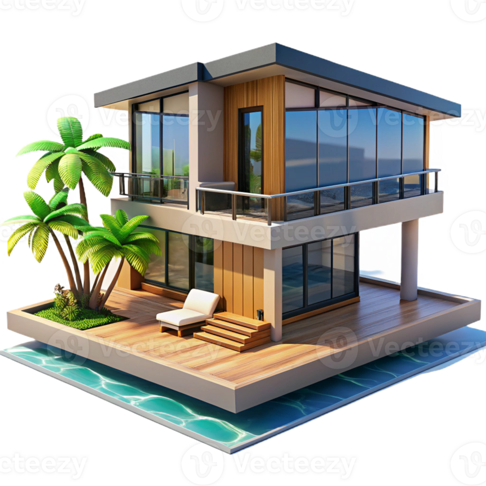 impressive abstract Beach house, modern design, large windows, ocean view, sunny day, 8k, high detail, 4K png