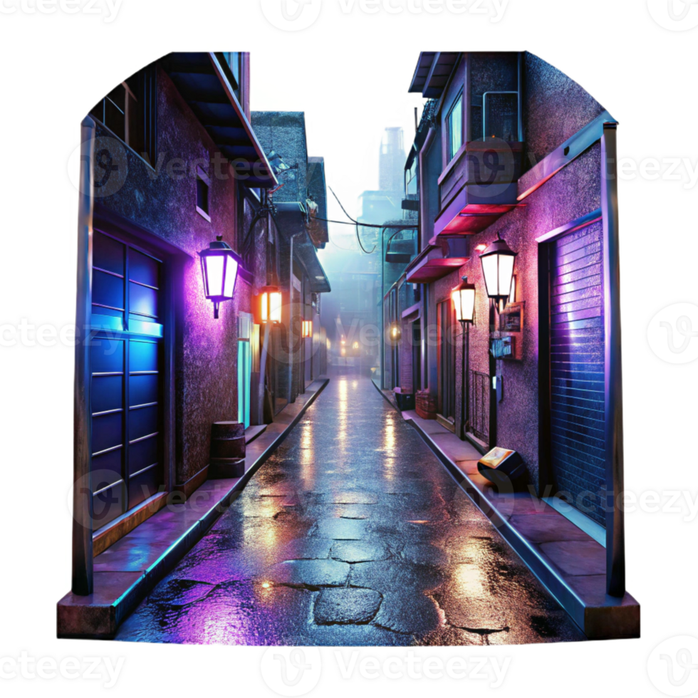 magnificent modern Cyberpunk alleyway, neon signs, graffiti, holographic projections, rainy night, gritty and atmospheric, 8k, high detail, premium png