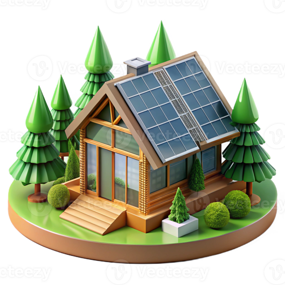 impressive creative Sustainable eco-house, green roof, solar panels, wood and glass construction, forest setting, 8k, high detail, authentic png