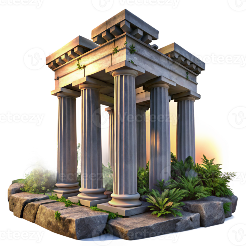 elegant traditional Greek temple ruins, weathered marble columns, overgrown with vegetation, dramatic sunset lighting, 8k, high detail, authentic png