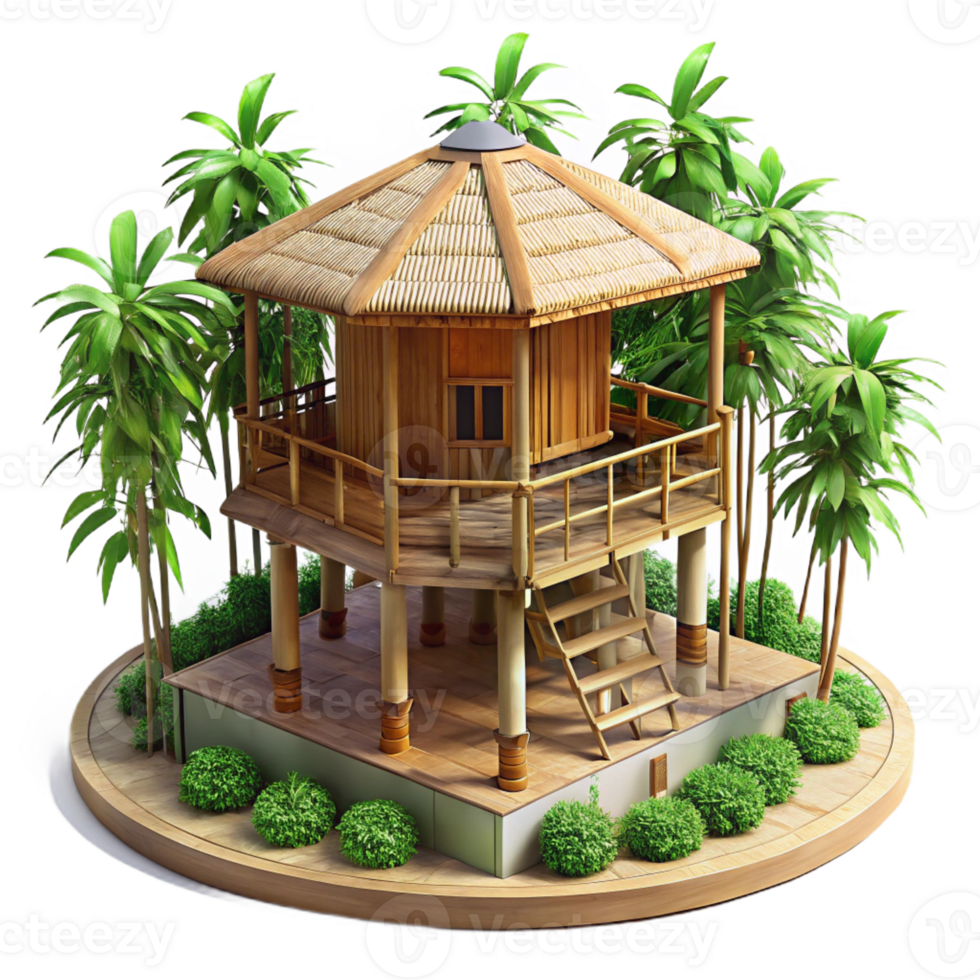 serene modern Bamboo house, elevated structure, tropical forest setting, natural light, 8k, high detail, high resolution png