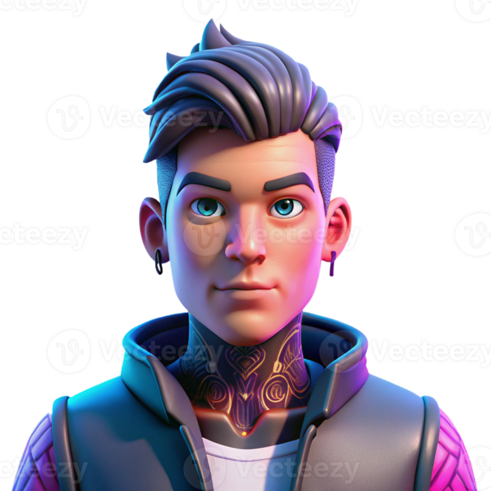 impressive vintage Portrait of a young man with tattoos and a rebellious expression, neon lighting, cyberpunk style high resolution png