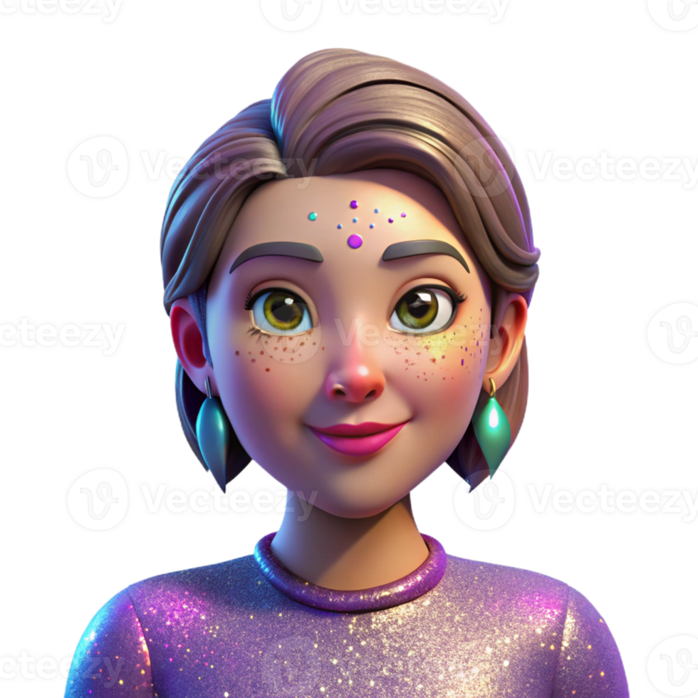 elegant artistic Portrait of a young woman with glitter makeup and a playful expression, colorful disco lighting, in the style of a 70s photograph high resolution png