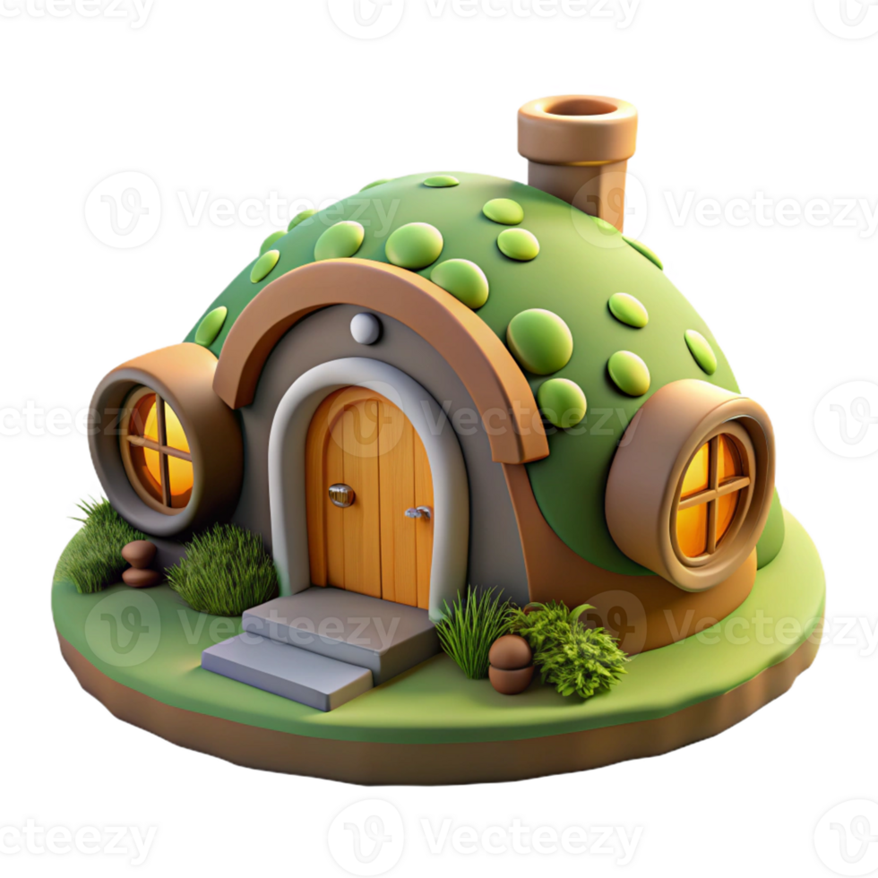 vibrant modern A cozy, hobbit-style underground dwelling built into a hillside, with rounded doorways and moss-covered roofs. Soft, warm, diffuse lighting with a whimsical, storybook style premium png