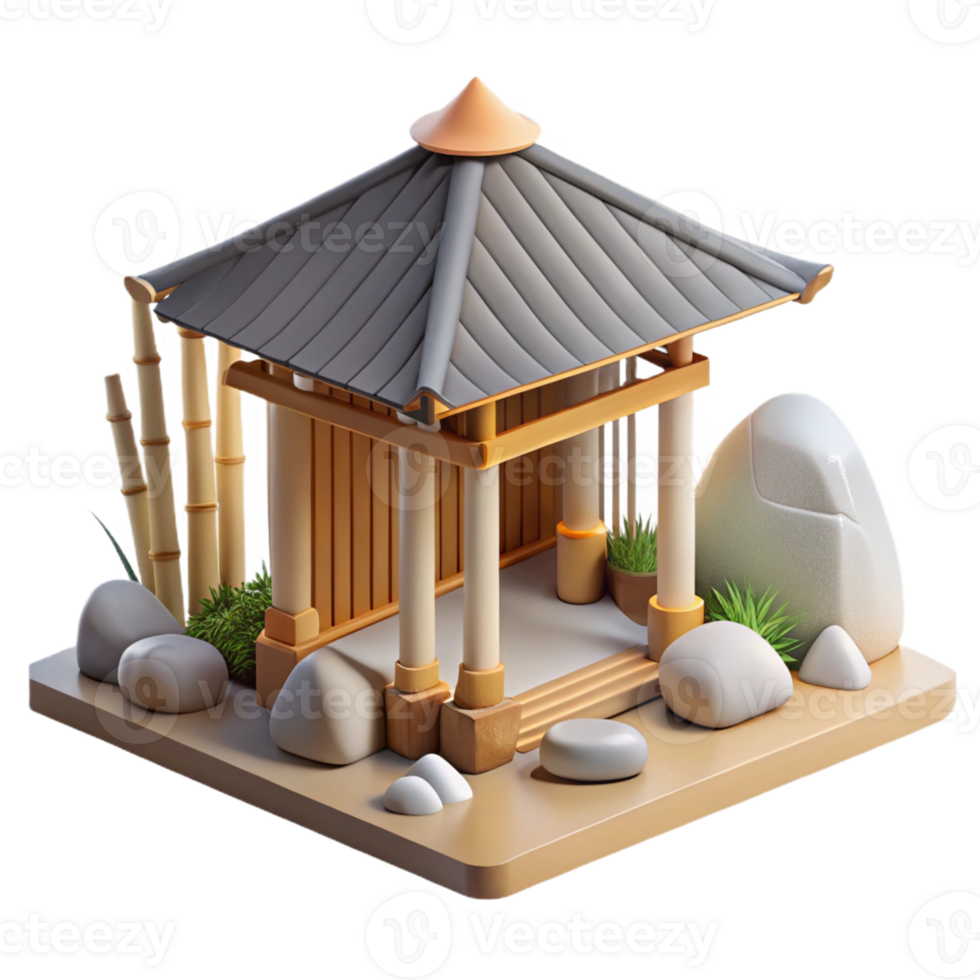 beautiful minimalist A minimalist Japanese teahouse made of bamboo and paper, surrounded by a serene rock garden. Soft, diffused natural lighting with a zen, minimalist style premium png