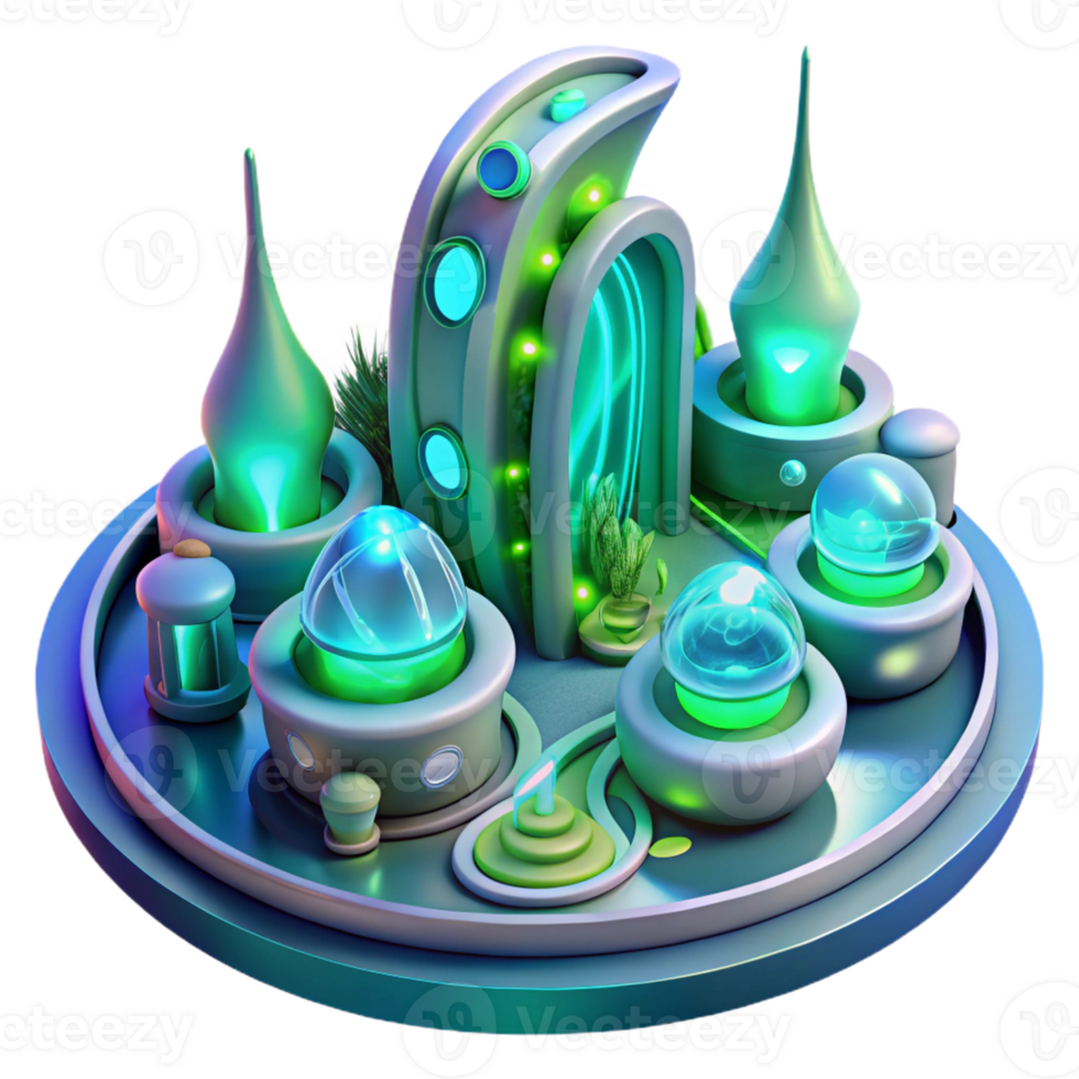 dramatic contemporary A futuristic, bioluminescent apartment complex with swirling, organic shapes and glowing blue and green accents. Bright, ambient lighting with a sleek, utopian style exclusive png