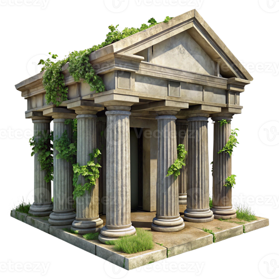 serene vintage A crumbling, ancient Roman temple made of weathered marble, overgrown with ivy and vines. Harsh, midday sunlight with a realistic, historical style detailed png