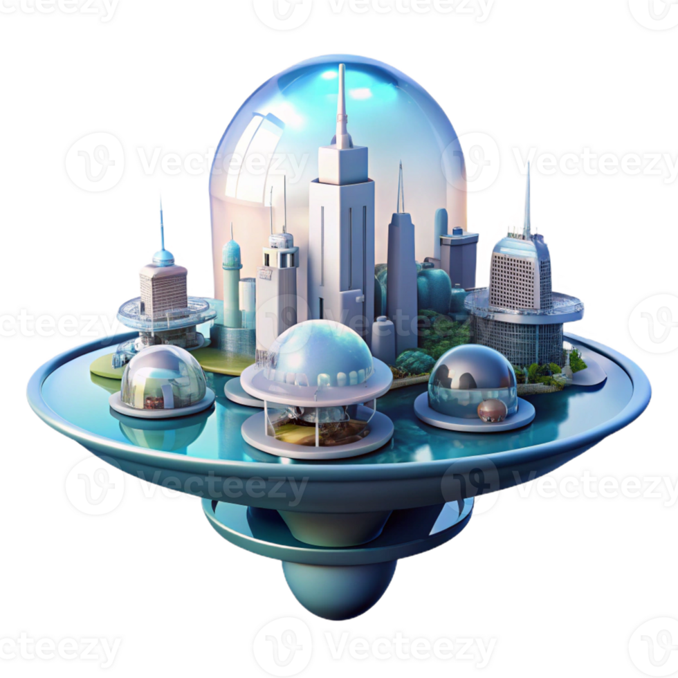 impressive abstract A futuristic, floating city with interconnected glass domes and flying vehicles. Bright, ethereal lighting with a utopian, sci-fi style professional png