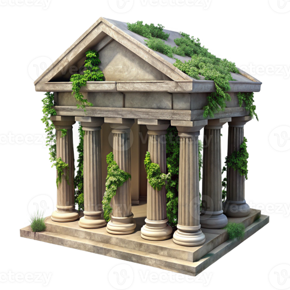 vibrant contemporary A crumbling, ancient Roman temple made of weathered marble, overgrown with ivy and vines. Harsh, midday sunlight with a realistic, historical style genuine png