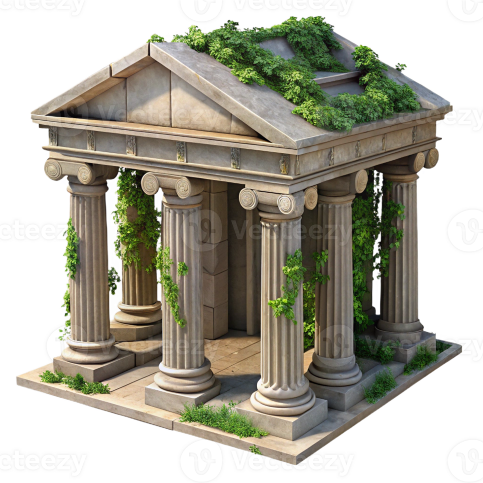 wonderful abstract A crumbling, ancient Roman temple made of weathered marble, overgrown with ivy and vines. Harsh, midday sunlight with a realistic, historical style genuine png