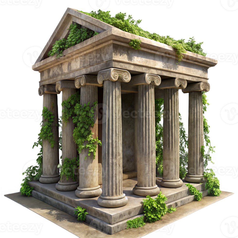 wonderful classic A crumbling, ancient Roman temple made of weathered marble, overgrown with ivy and vines. Harsh, midday sunlight with a realistic, historical style premium png