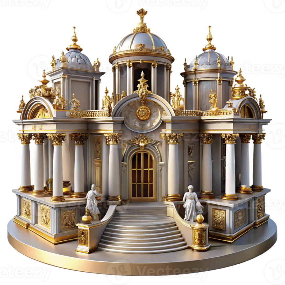 magnificent artistic A majestic, baroque palace with ornate gold detailing and marble statues. Dramatic, theatrical lighting with a grand, opulent style premium png