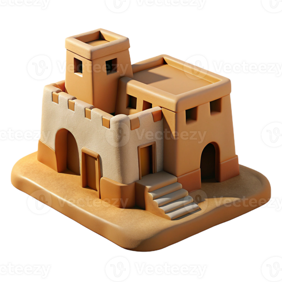 serene modern A rustic, desert pueblo made of adobe bricks with intricate carvings. Warm, desert sunlight with a textured, earthy style 4K png