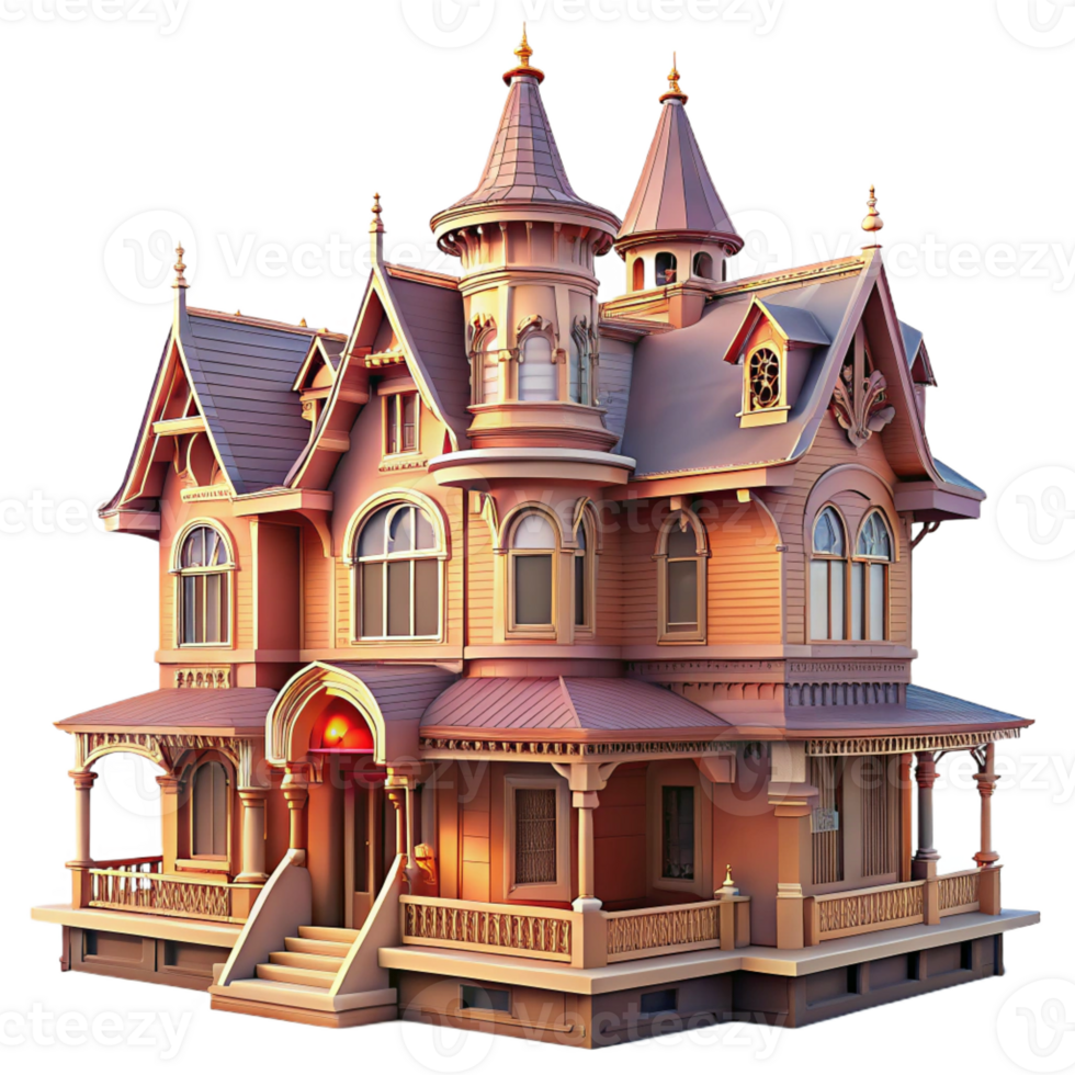 extraordinary creative An elaborate, Victorian mansion with intricate gingerbread trim and a wraparound porch. Soft, nostalgic lighting with a romantic, vintage style detailed png