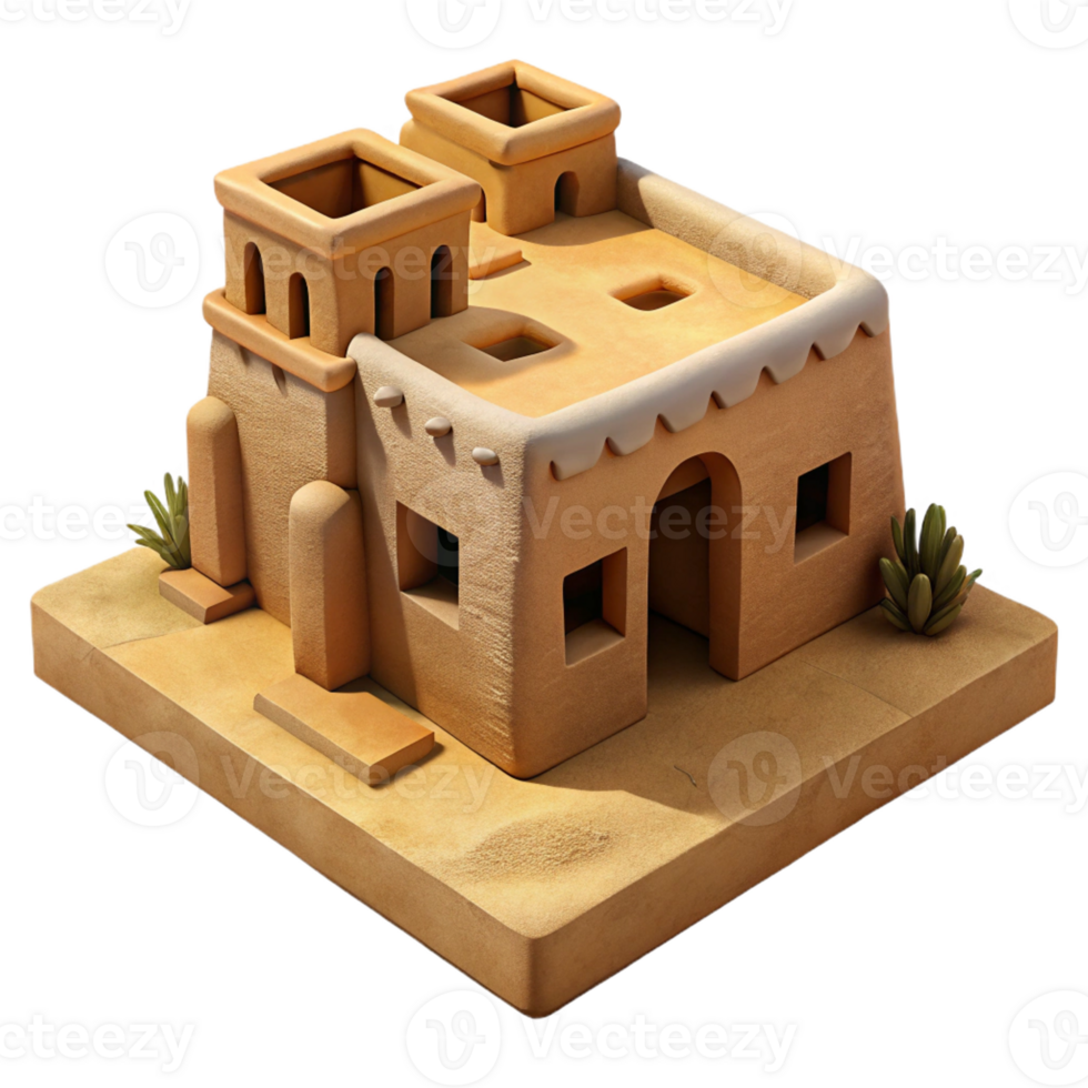 vibrant contemporary A rustic, desert pueblo made of adobe bricks with intricate carvings. Warm, desert sunlight with a textured, earthy style high quality png