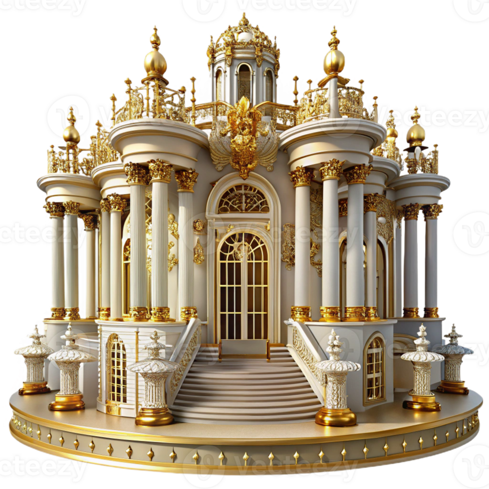 serene minimalist A majestic, baroque palace with ornate gold detailing and marble statues. Dramatic, theatrical lighting with a grand, opulent style high resolution png