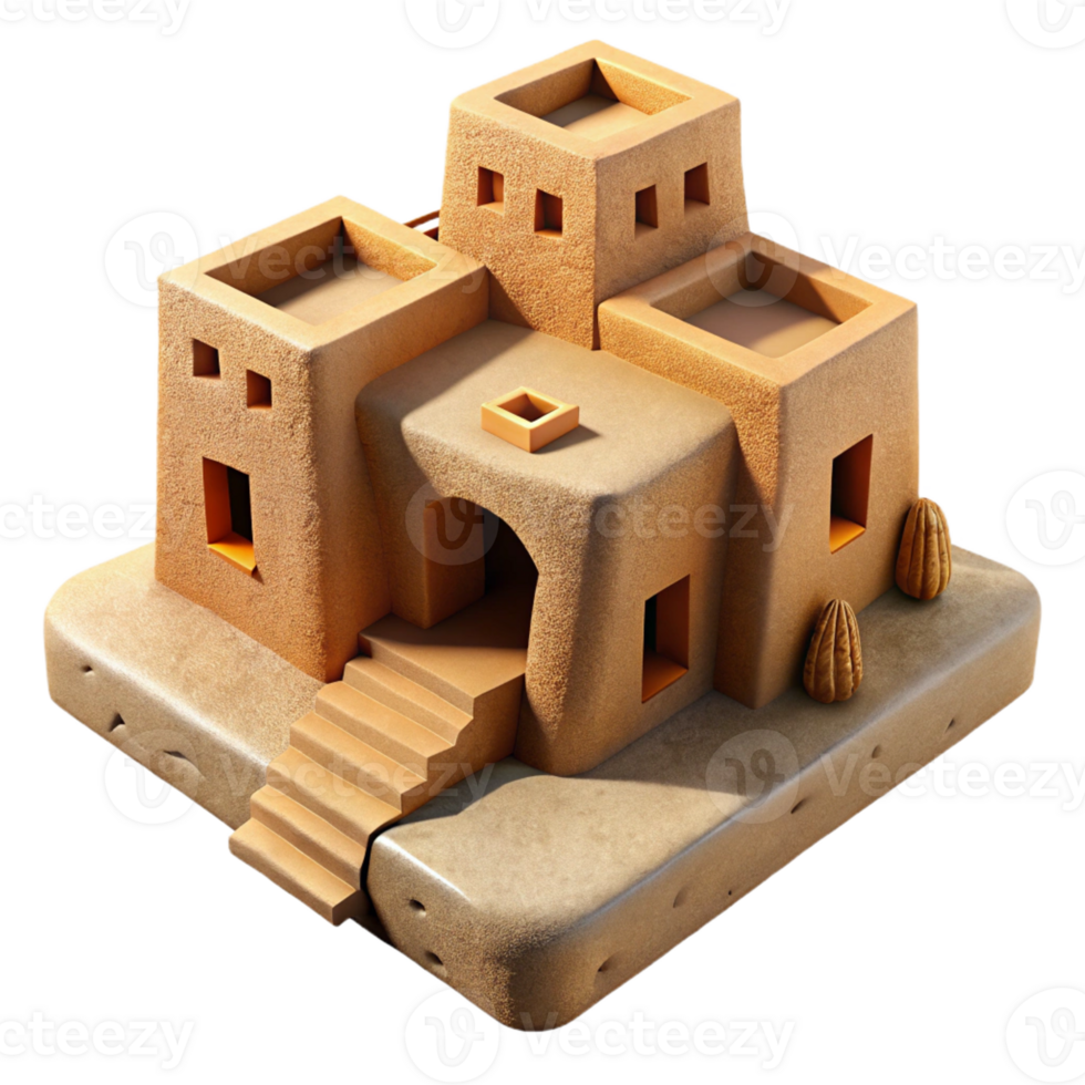 wonderful contemporary A rustic, desert pueblo made of adobe bricks with intricate carvings. Warm, desert sunlight with a textured, earthy style high resolution png