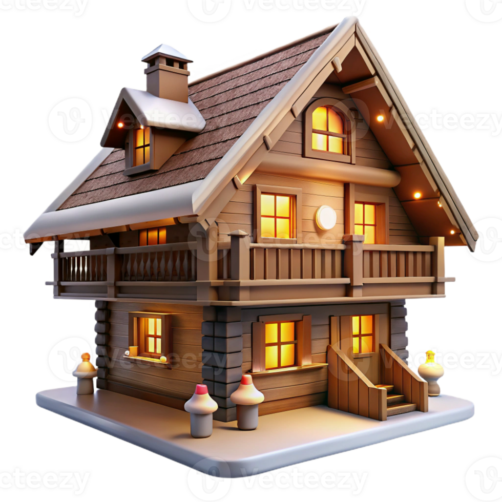 vibrant contemporary A traditional, Swiss chalet with a sloped roof and wooden balconies. Warm, cozy lighting with a rustic, alpine style genuine png