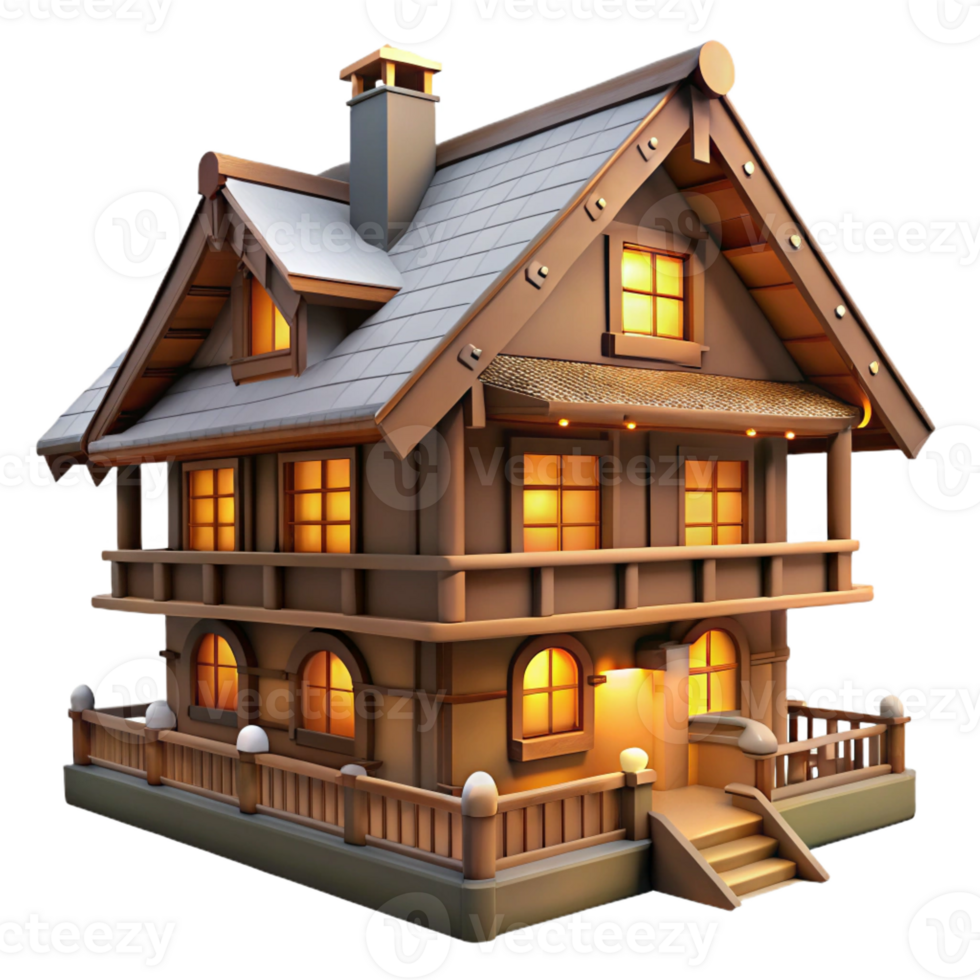 extraordinary artistic A traditional, Swiss chalet with a sloped roof and wooden balconies. Warm, cozy lighting with a rustic, alpine style detailed png