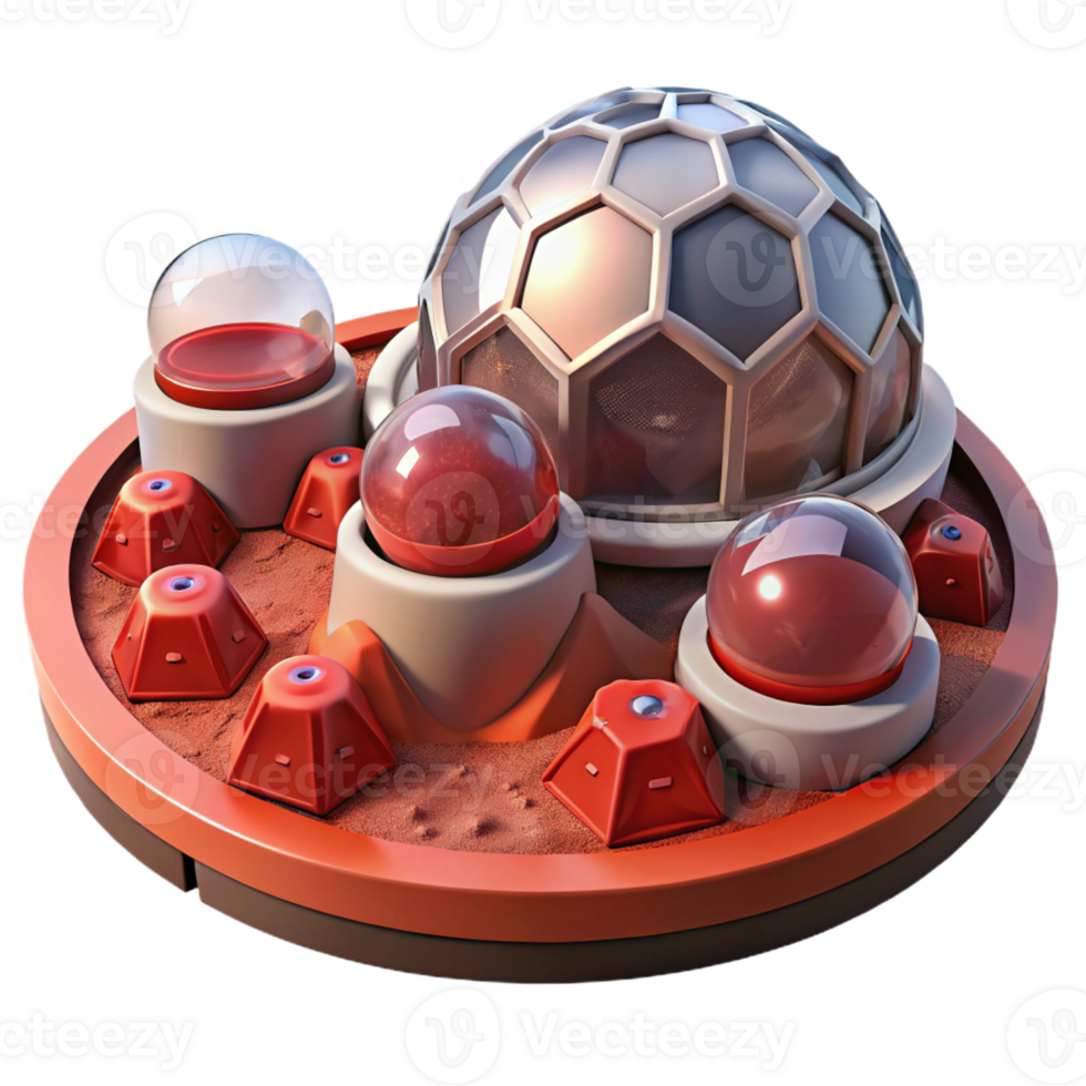 impressive contemporary A futuristic, Mars colony with geodesic domes and red Martian soil. Harsh, red-tinted lighting with a scientific, futuristic style high quality png