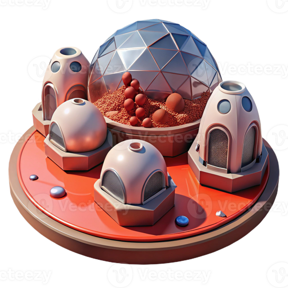 beautiful minimalist A futuristic, Mars colony with geodesic domes and red Martian soil. Harsh, red-tinted lighting with a scientific, futuristic style professional png