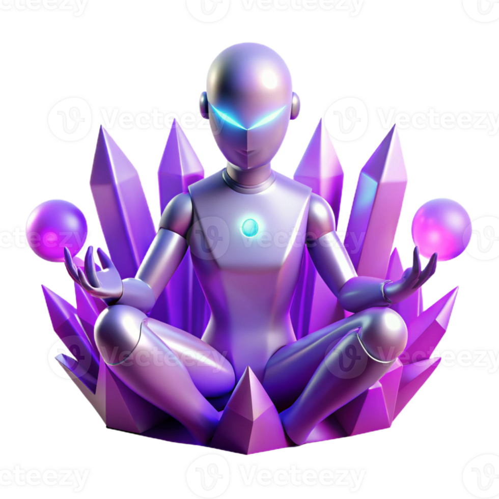 extraordinary modern A solitary, robotic figure meditating amidst a field of glowing crystals, bathed in soft, purple light. Rendered in a minimalist, geometric style authentic png