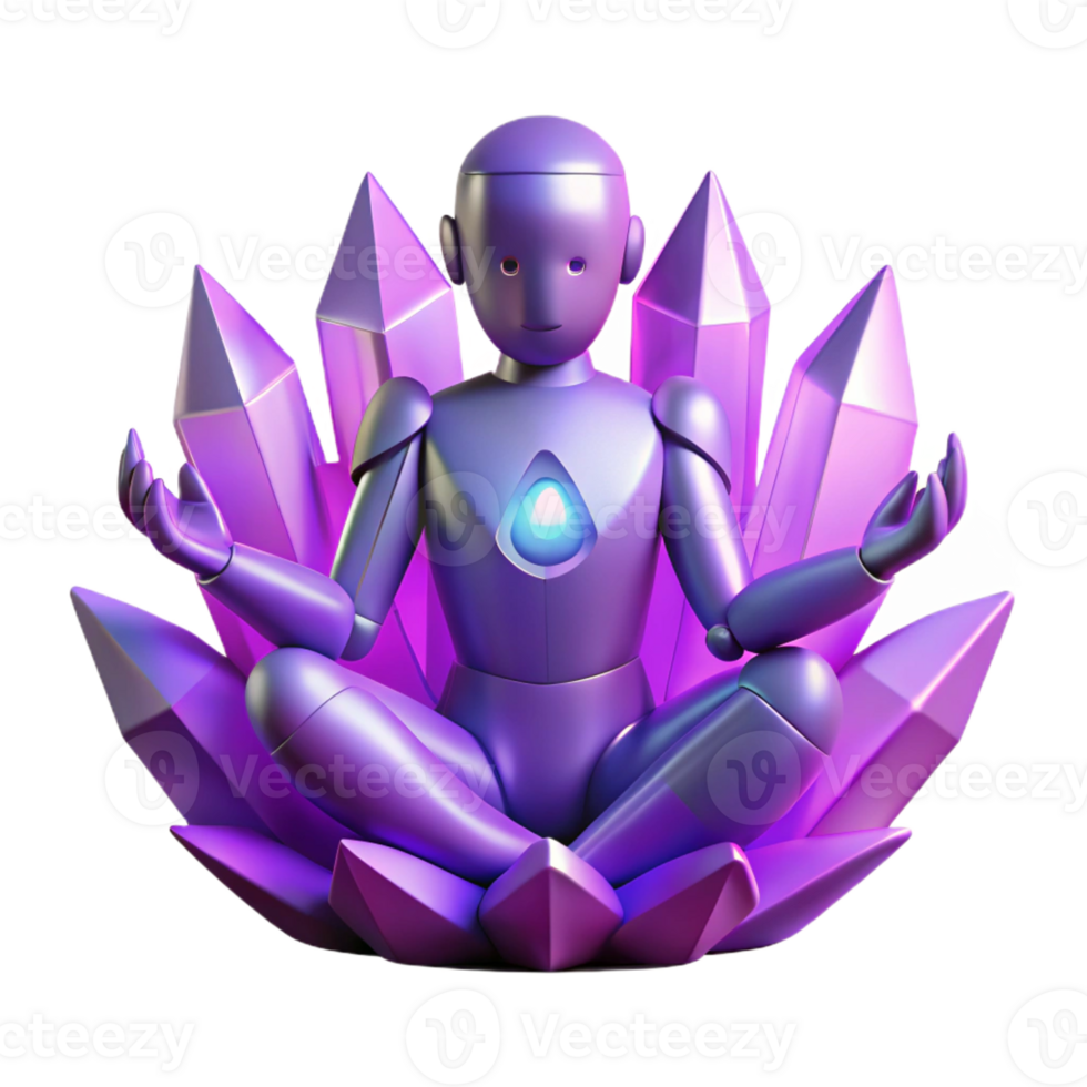 beautiful abstract A solitary, robotic figure meditating amidst a field of glowing crystals, bathed in soft, purple light. Rendered in a minimalist, geometric style high quality png