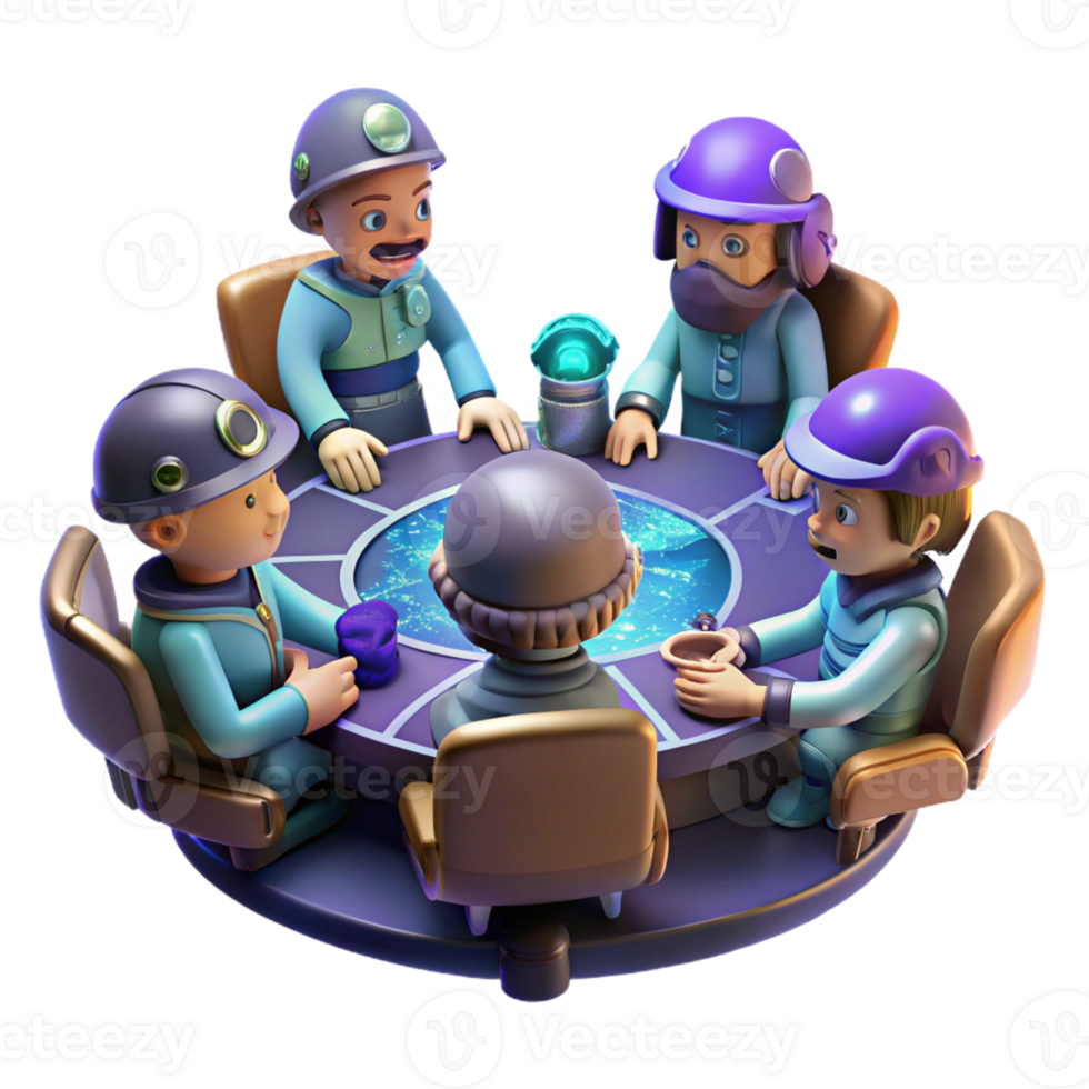 serene creative A group of space pirates gathered around a holographic map, illuminated by the dim light of their spaceship's control panel. Gritty, realistic style detailed png