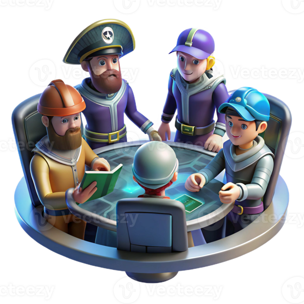 beautiful modern A group of space pirates gathered around a holographic map, illuminated by the dim light of their spaceship's control panel. Gritty, realistic style 4K png