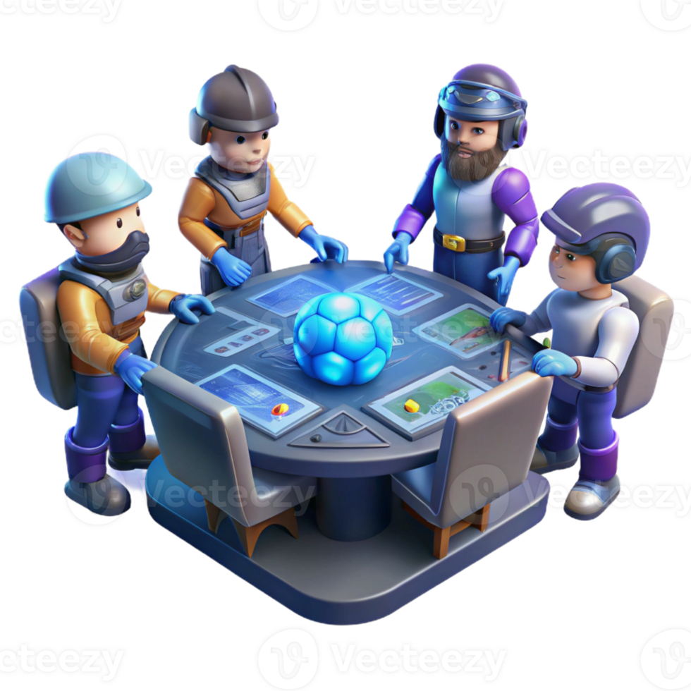 stunning classic A group of space pirates gathered around a holographic map, illuminated by the dim light of their spaceship's control panel. Gritty, realistic style genuine png