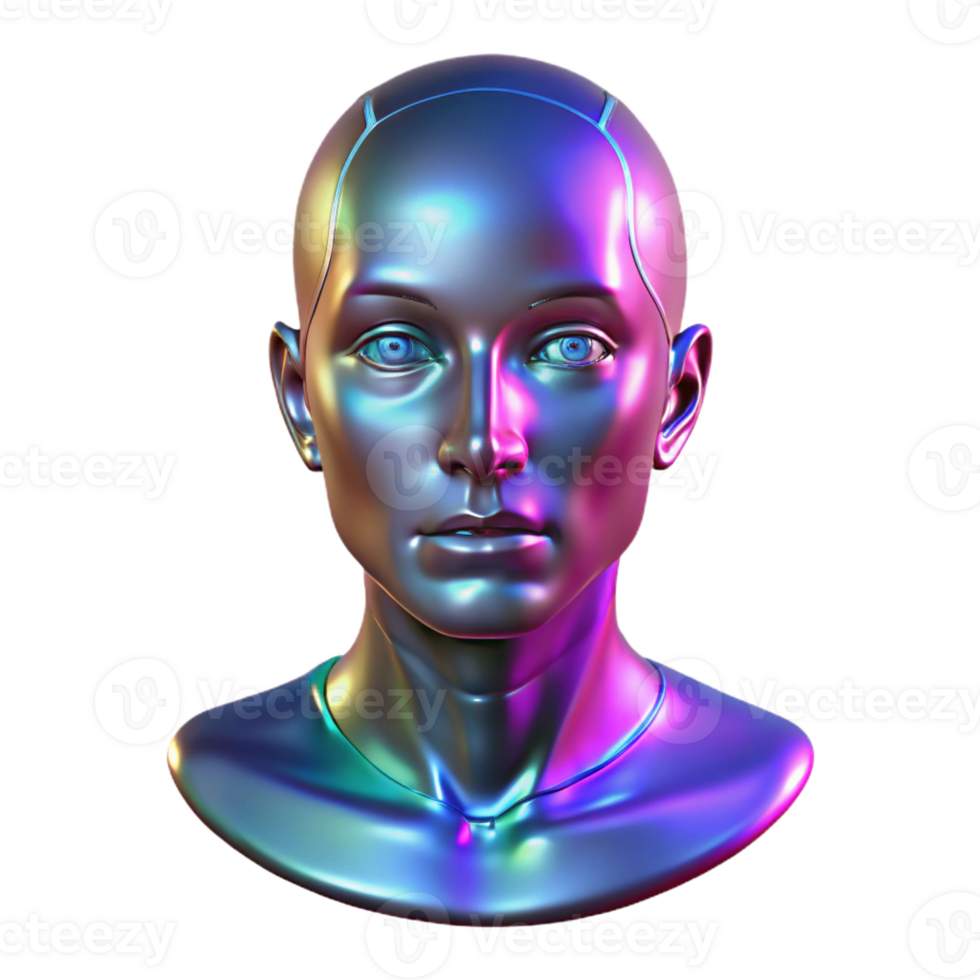 serene modern A holographic projection of a human face, glitching and distorting, illuminated by flickering neon lights. Cyberpunk style genuine png