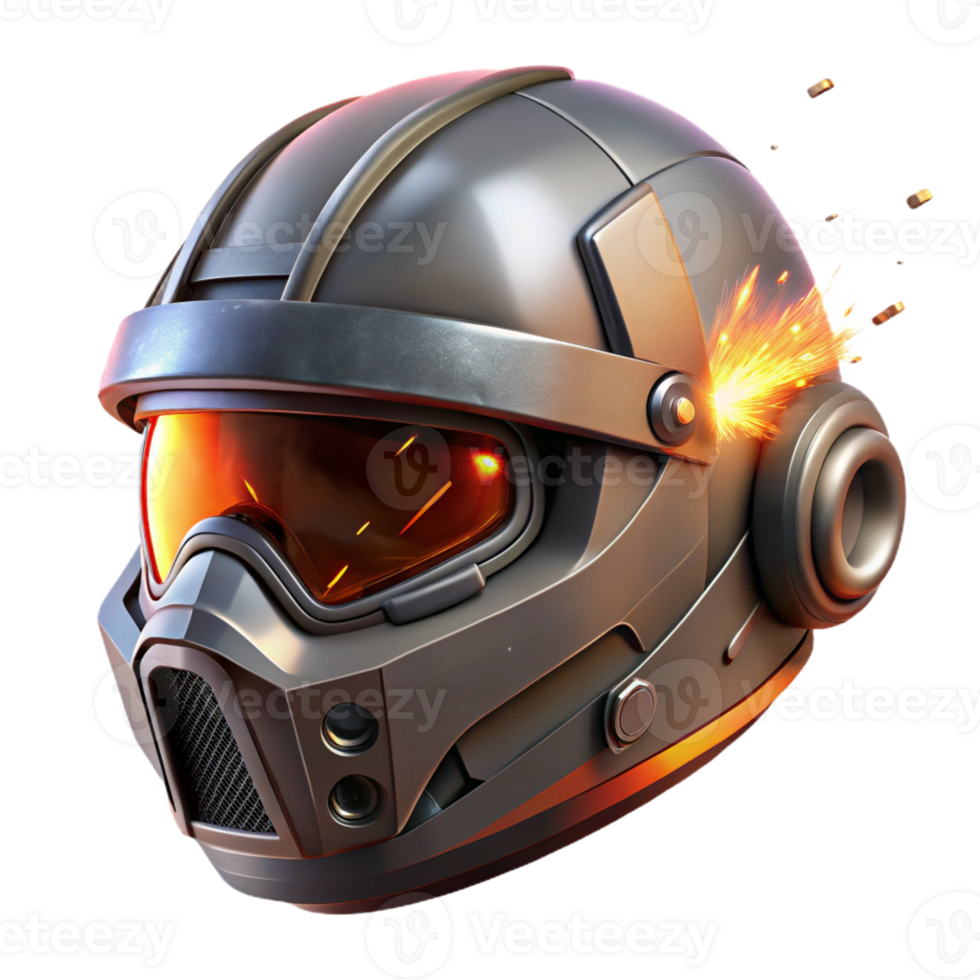 extraordinary contemporary A close-up of a futuristic helmet, reflecting a chaotic battle scene, illuminated by explosions and laser fire. Gritty, realistic style original png