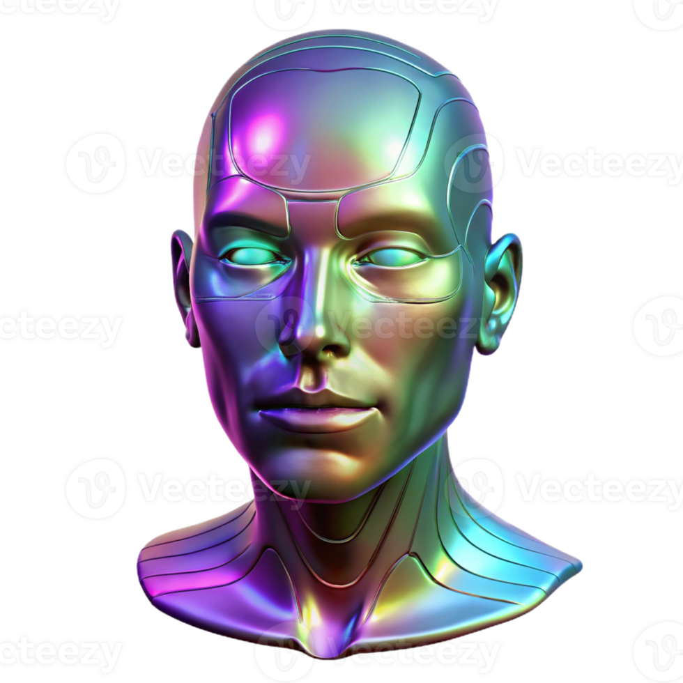 magnificent minimalist A holographic projection of a human face, glitching and distorting, illuminated by flickering neon lights. Cyberpunk style professional png