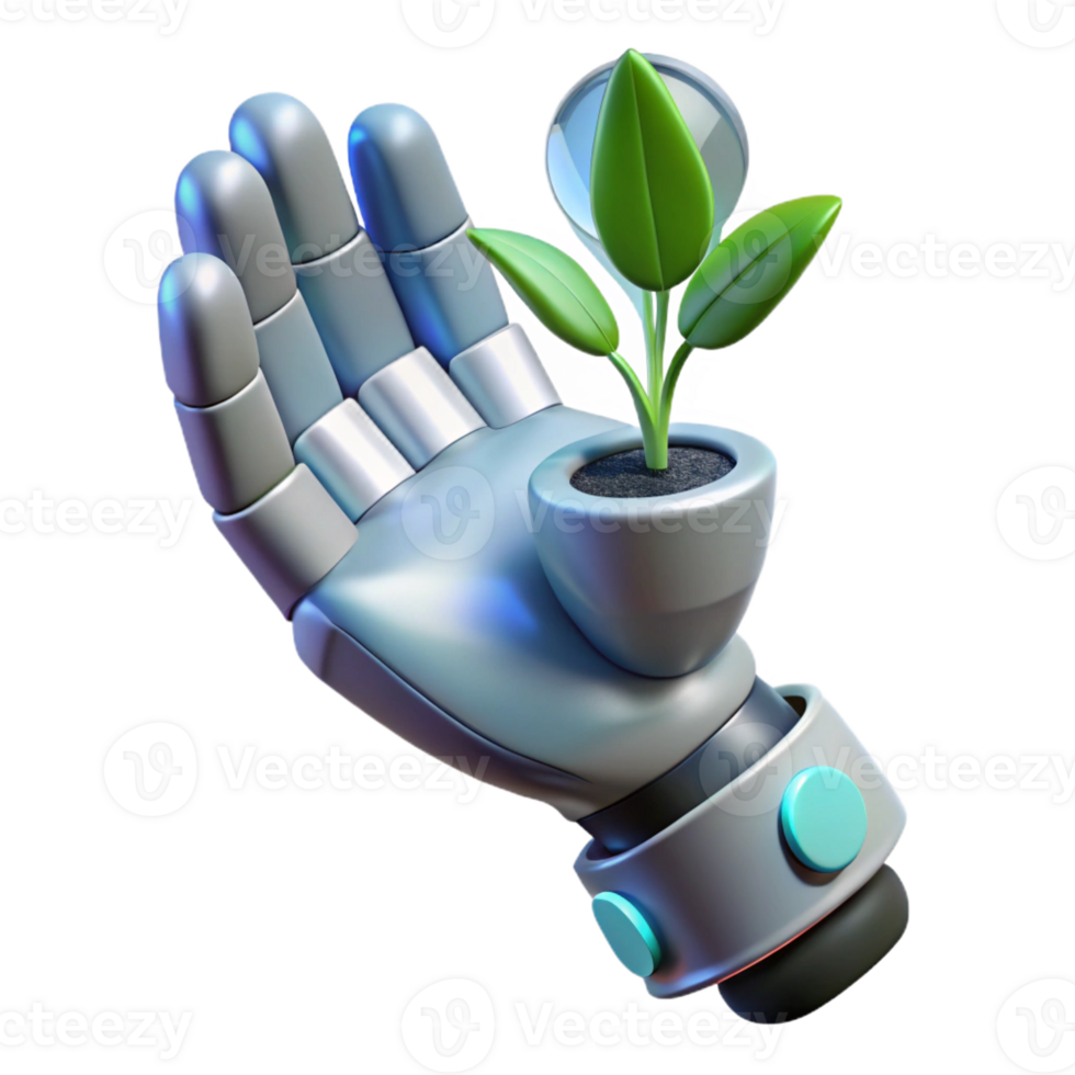 beautiful rustic A futuristic, robotic hand holding a delicate, bioluminescent plant. Soft lighting, contrasting textures genuine png