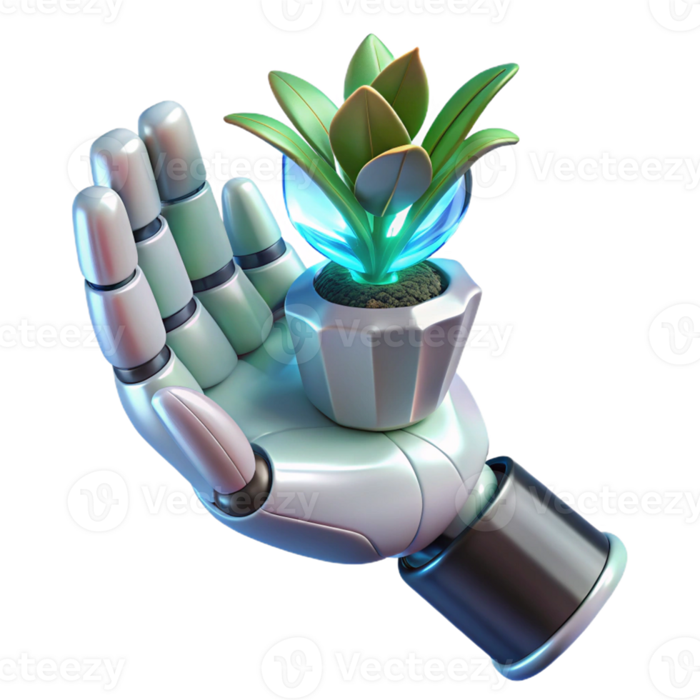 beautiful classic A futuristic, robotic hand holding a delicate, bioluminescent plant. Soft lighting, contrasting textures genuine png