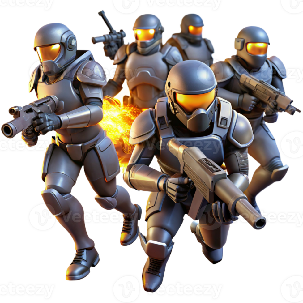 elegant minimalist A group of futuristic soldiers in power armor, charging into battle, illuminated by muzzle flashes and explosions. Dynamic, action-packed style original png